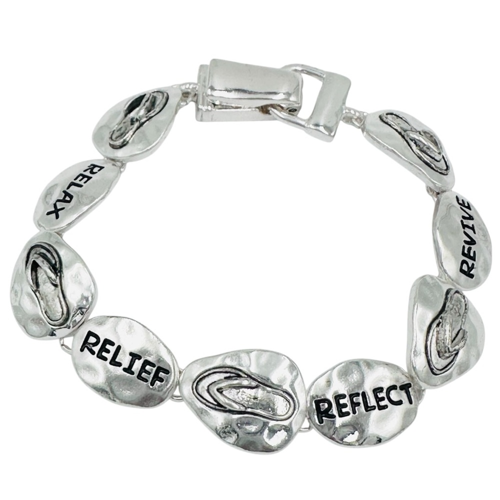 Beach Theme Bracelet RELAX RELIEF REFLECT REVIVE - Silver Tone Flip Flop